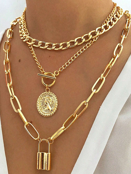 Layered Coin Padlock Charm Necklace Set - So Real Fashion