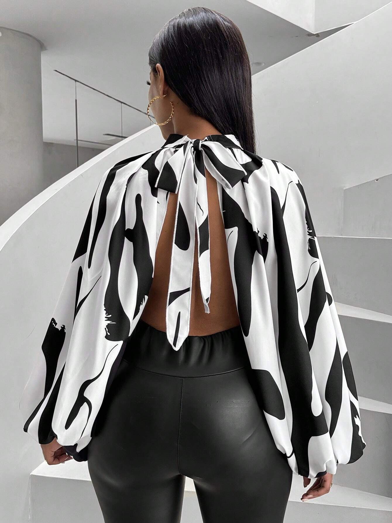 Printed Batwing Blouse Chic Backless Style for Women - So Real Fashion