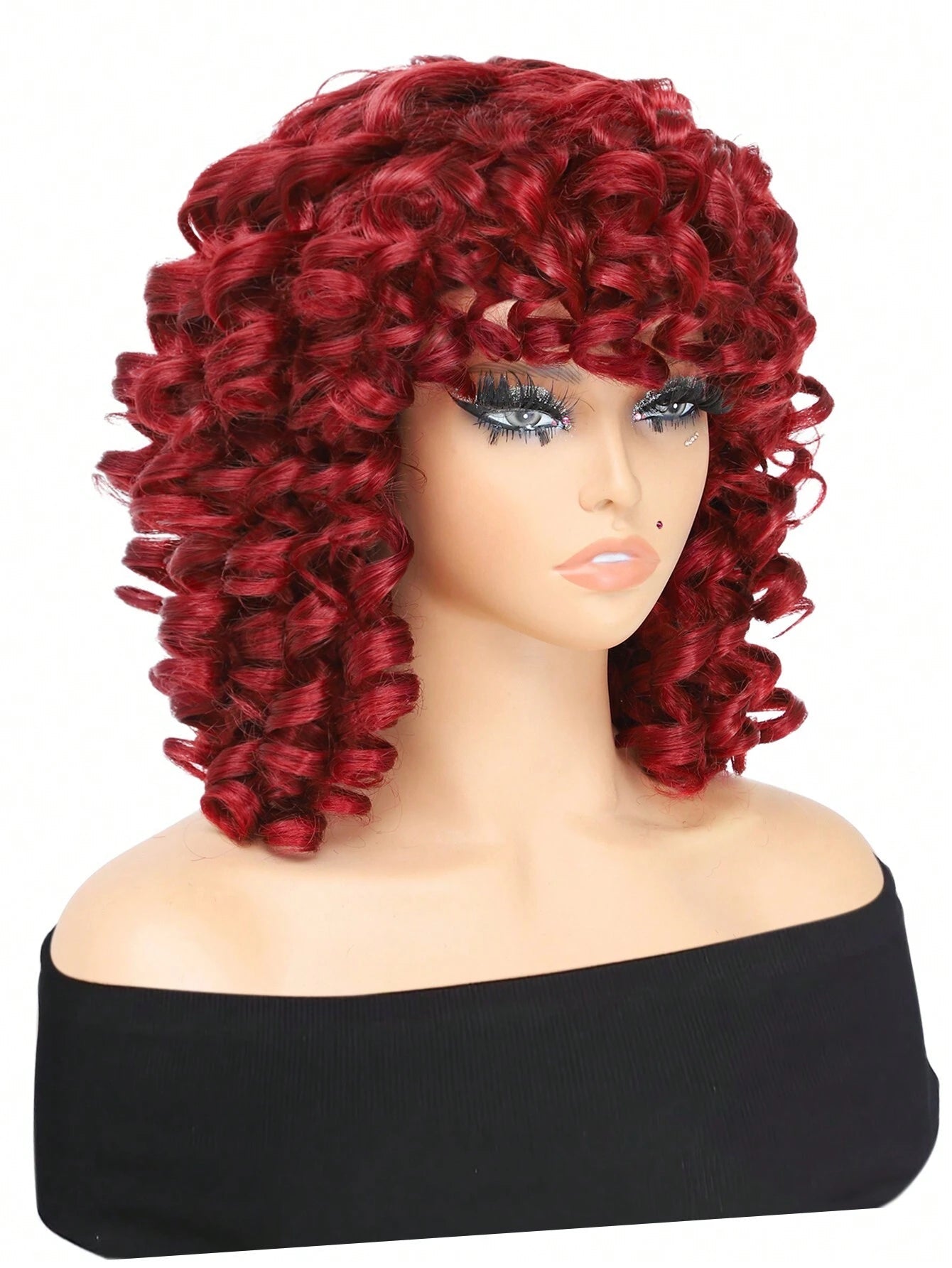 Red Bouncy Curly Wig with Bangs Easy Style - So Real Fashion