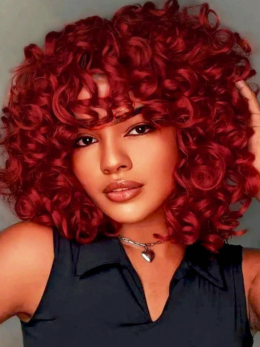 Red Bouncy Curly Wig with Bangs Easy Style - So Real Fashion