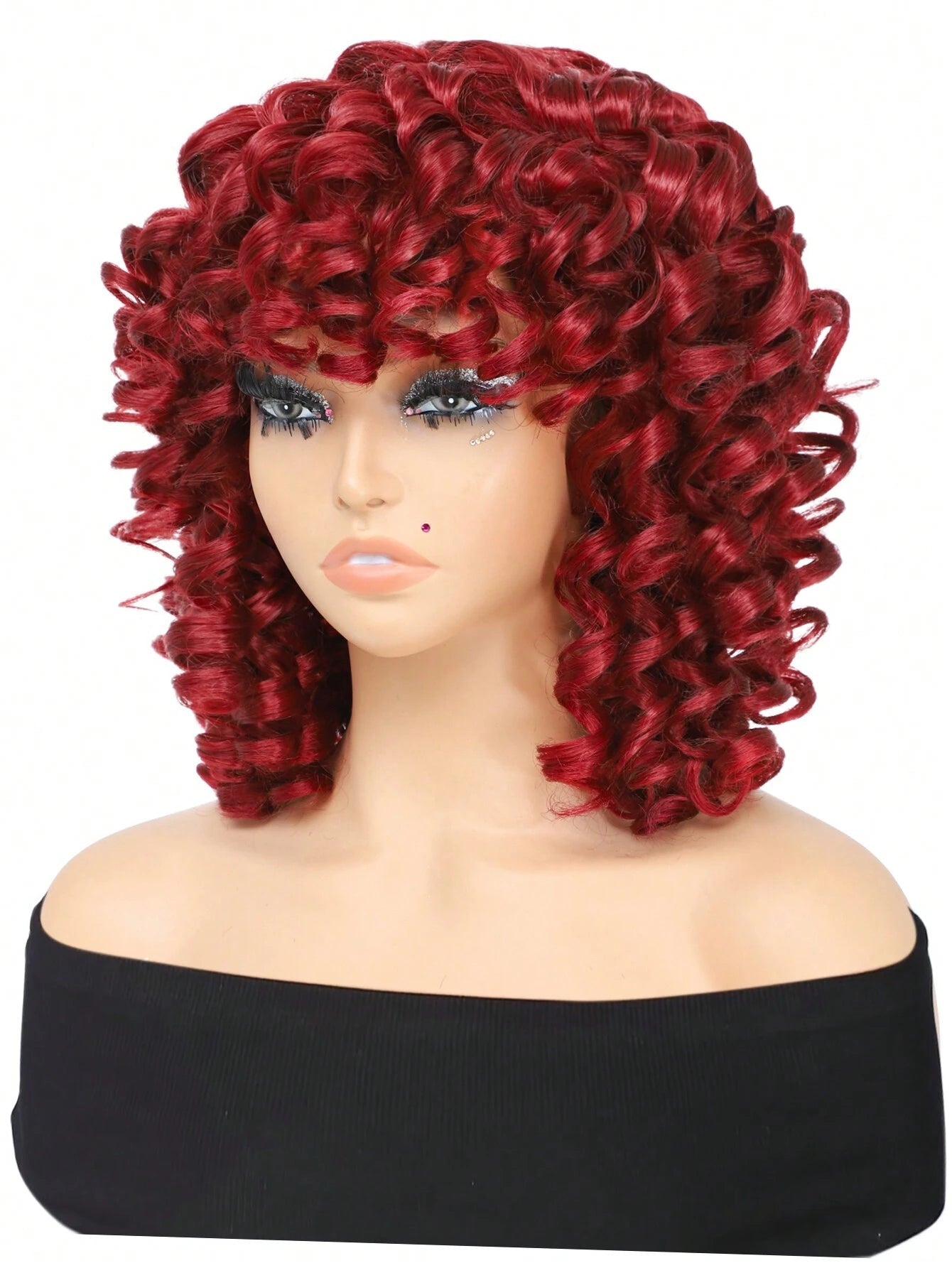 Red Bouncy Curly Wig with Bangs Easy Style - So Real Fashion